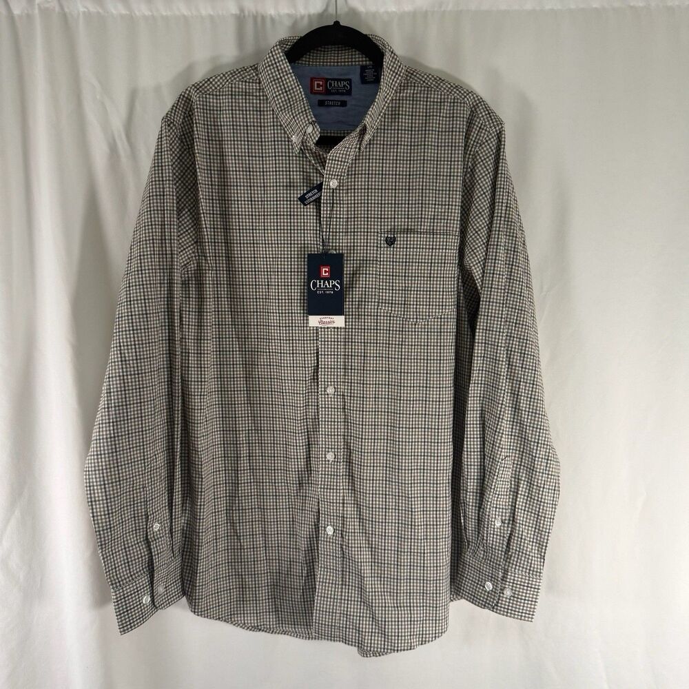New Chaps Dress Shirt Men's Large White Brown Plaid Button Up Long Sleeve Cotton